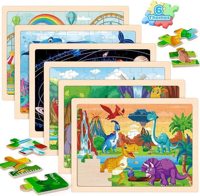 6 Themed Wooden Puzzles for Kids Ages 3-5, 60 Pieces Each | 6 x 60 Piece Puzzles 6-8, Dinosaur, Farm, Jungle Animals, Ocean Life, Solar System, Amusement Park, Kids Birthday Gifts