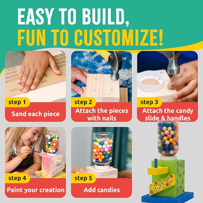 SparkJump Candy Dispenser Woodworking Kit – Complete STEM Building Kit for Kids with FSC-Certified Wood, Paints & Tools, DIY Gumball Machine Craft for Boys & Girls, Ages 6+ | FSC-Certified Wood, Paints & Tools, DIY Gumball Machine Craft for Boys & Girl...
