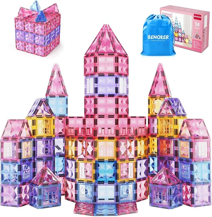 BENOKER Pink Castle Magnetic Tiles for Kids Ages 3-8, 3D STEM Toys with Sparkling Building Blocks, Creative Educational Gift for Boys and Girls, Preschool Learning Toys for Birthday | 58P sparkling pink castle magnetic tiles, creative educational gift ...