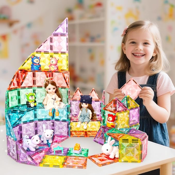 WMXDU Large Pastel Magnetic Tiles: Glitter Diamond Castle Building Set | 48-Piece Glitter Tiles for Girls Ages 3-8, Large Size Safe for Little Hands. Metal Box Stores & Doubles as Base