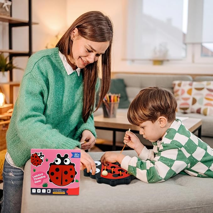 Sealive Wooden Lacing Toys for Toddlers, Fun Learning Activity | for Preschoolers, Develop Fine Motor Skills, Durable Montessori Toy for Travel (Ladybug)