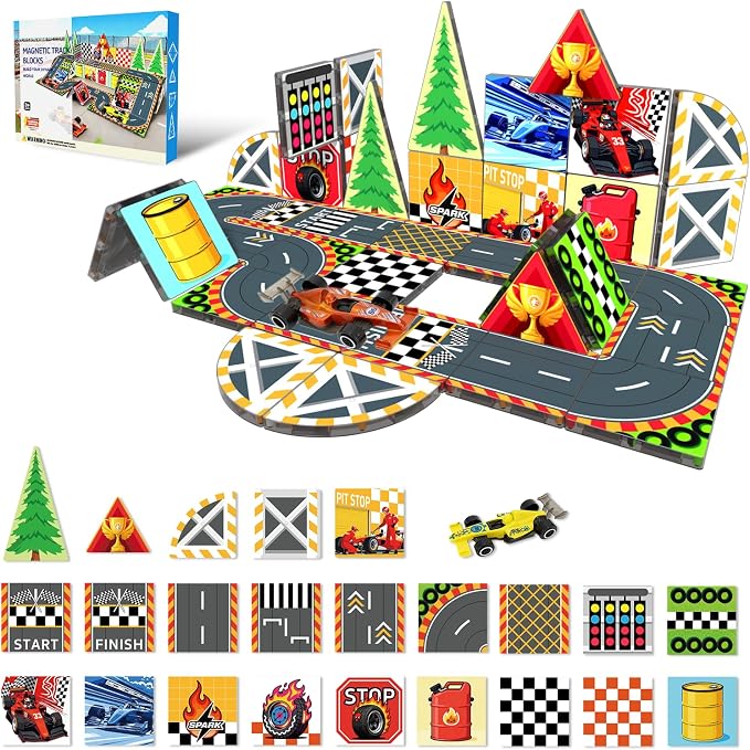 Magnetic Tiles Magnetic Building Blocks for Kids Ages 3-5 4-8, STEM Montessori Preschool Classroom Must Haves, Toddler Sensory Educational Toys for Boys Girls, Christmas Birthday Gift (Racing Car)