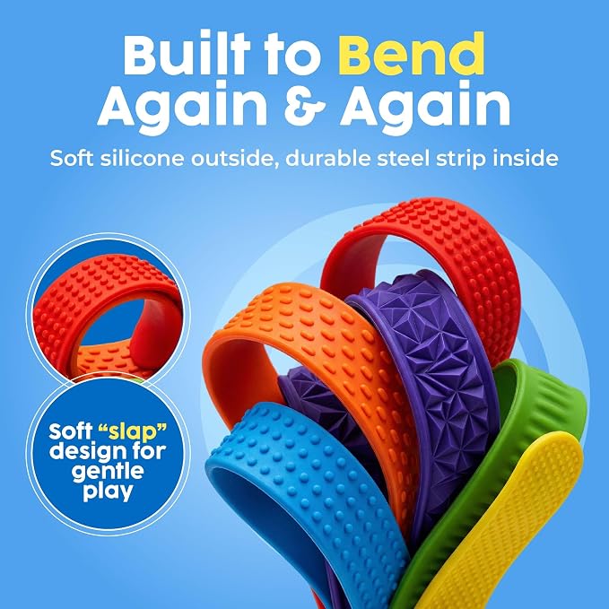 BUNMO Sensory Slap Bracelets for Toddlers 3+ – Stimulating & Addictive Textured Sensory Bracelet Fidget Toys for Boys & Girls, 6 Pack - Hours of Fun for Kids - Non-Mouthable Toy 3+