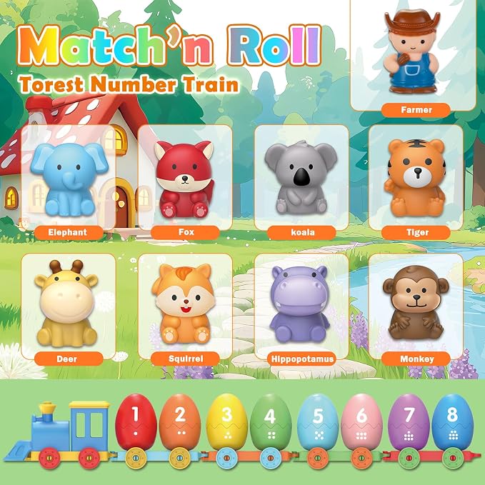 Grarain Toddler Train Toy Set with Farm Animal Finger Puppets & Eggs, Montessori Educational Color Number Sorting Matching Learning Toys for Kids Boys Girls 1-3 Year Old, Fine Motor Gifts