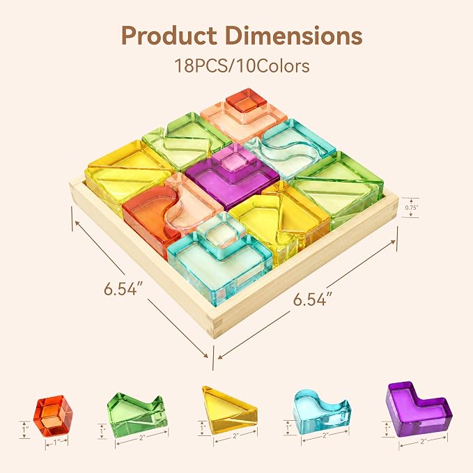 Rainbow Building Blocks for Kids, Montessori Color Matching Block Toys 3-6 | 18 PCS Acrylic Color Sorting Game, Montessori Stacking Toy for 3 4 5 6 Year Old,Educational STEM Creative Toys for Boy Girl