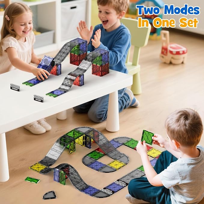 WMXDU Magnetic Road Track Set, 2-in-1 Playset with Curved Tiles | From Ramp Racing to Road Layouts, All in One Set, Unlock More Ways to Build & Play, Last for Kids 3-8