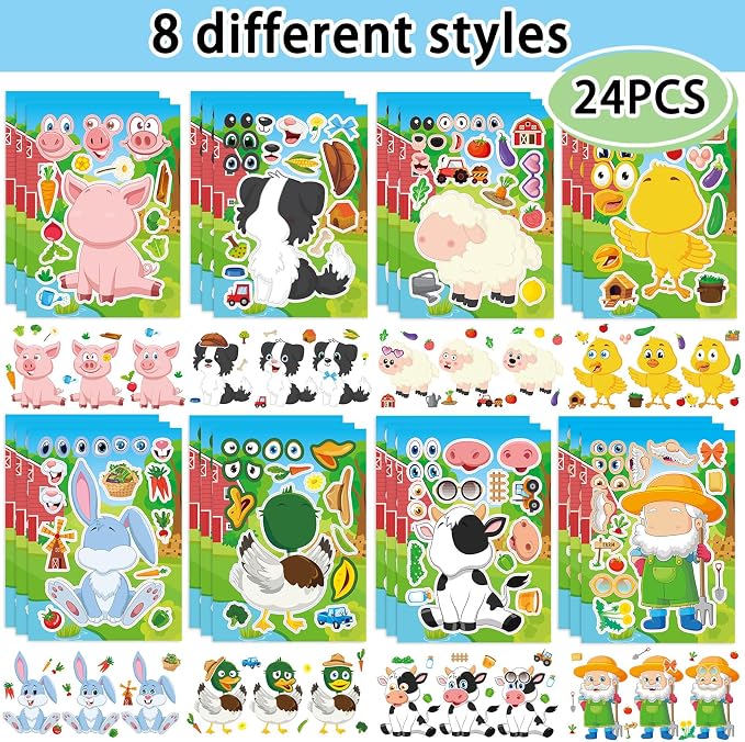24 Sheets Make a Face Farm Animal Stickers for Kids Party Favors | Make Your Own Farm Stickers Birthday Decorations Supplies, Toddlers Crafts Activities Gifts Goodie Bags Stuffers Games