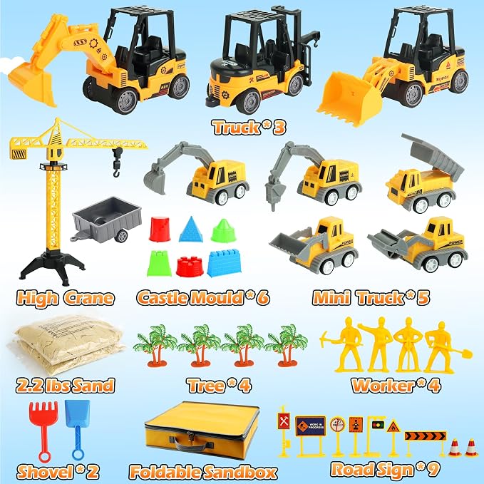 Helsort 37 Pcs Sand Construction Kit with Magic Sand, Sandbox, 8 Trucks | Foldable Sand Box, 2.2lbs Sand, 8 Construction Trucks, Crane, Worker, Road Signs, Molds, Shovel, Ideal Gifts for Kids 3+