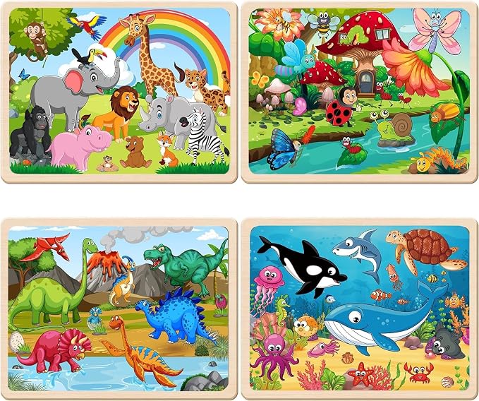 Wooden Puzzles for Kids Ages 3-5 4-6, 24 Piece Animals Puzzles Wooden Toys | 4 Pack Montessori Toddler Jigsaw Puzzles for Girl boy 3 4 5 6 Years Old,Preschool Learning Educational Birthday Gift Travel