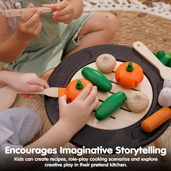 PlanToys® Wooden Fresh Produce Cucumbers, Onions & Pumpkins Sliceable Kids | slicing, knife, fruits and vegetables toys, pretend food, girls, boys, fine motor role play, imaginative social gift set