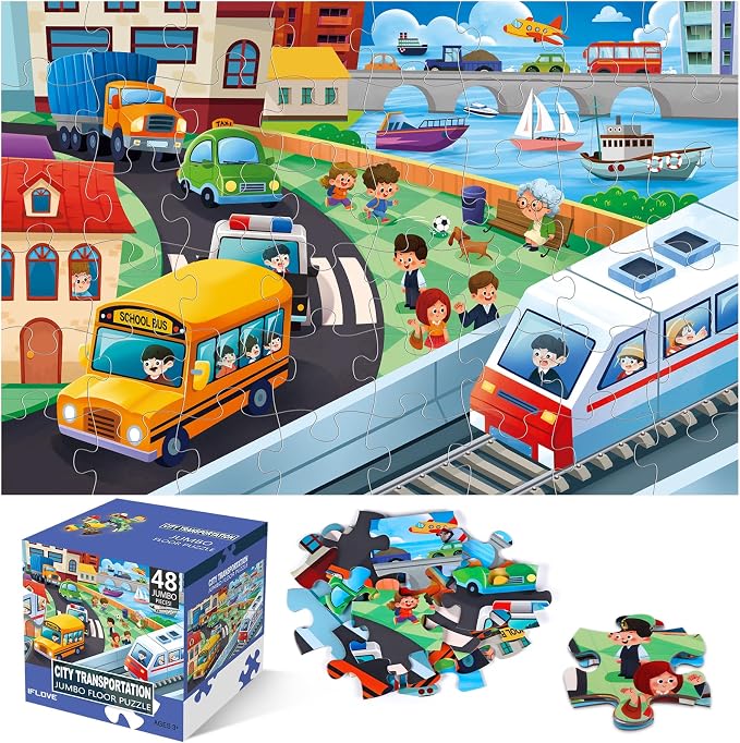 Jumbo Floor Puzzle for Kids,48 Piece City Traffic Jigsaw Puzzle Ages 3-8 | City Transportation,Extra-thick Cardboard,Preschool Learning Toy,35x24 in Completed,Ages 3-8,Birthday Gift for Boys and Girls