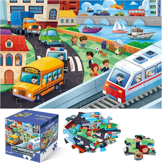 Jumbo Floor Puzzle for Kids,48 Piece City Traffic Jigsaw Puzzle Ages 3-8 | City Transportation,Extra-thick Cardboard,Preschool Learning Toy,35x24 in Completed,Ages 3-8,Birthday Gift for Boys and Girls