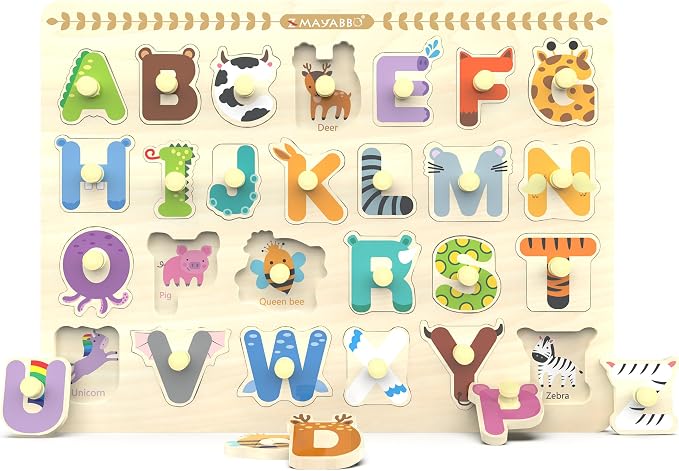 Wooden Peg Puzzle for Toddlers, Alphabet Learning Toys, Baby Puzzles Alphabet Board for Kids, Preschool Knob Puzzle for Boys Girls, Chunky ABC Shape Puzzles for 2 3 4 Year Old