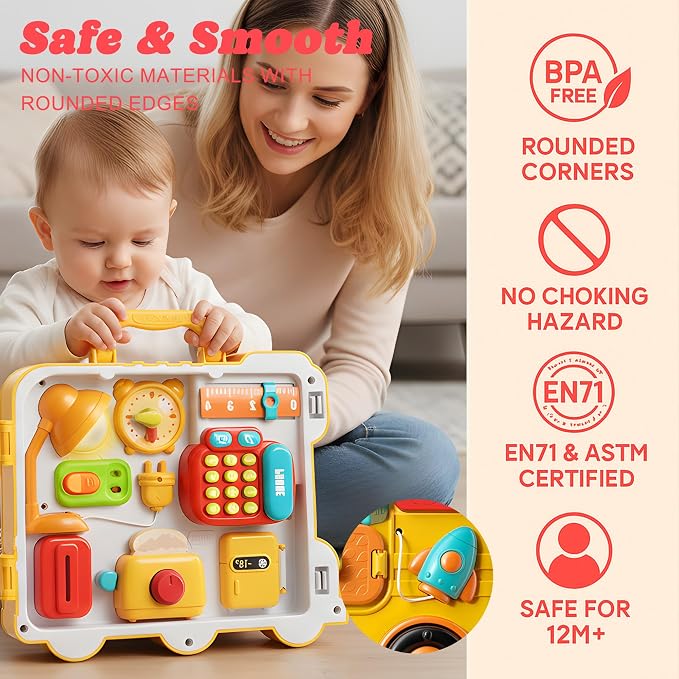 Busy Board for Toddlers 1-3, Musical Travel Activity Toys | Portable Montessori Activity Board with Lights & Music, Fine Motor Skills, Educational Developmental Toys Indoor, Outdoor
