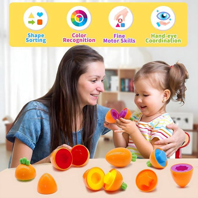 MOONTOY 12PCS Kids Carrot Matching Eggs Easter Toys for 18M+ Year Old | Preschool Matching Eggs, Educational Shape Sorter Montessori Sensory, Easter Gifts for Kids Boys Girls Easter Basket Stuffers