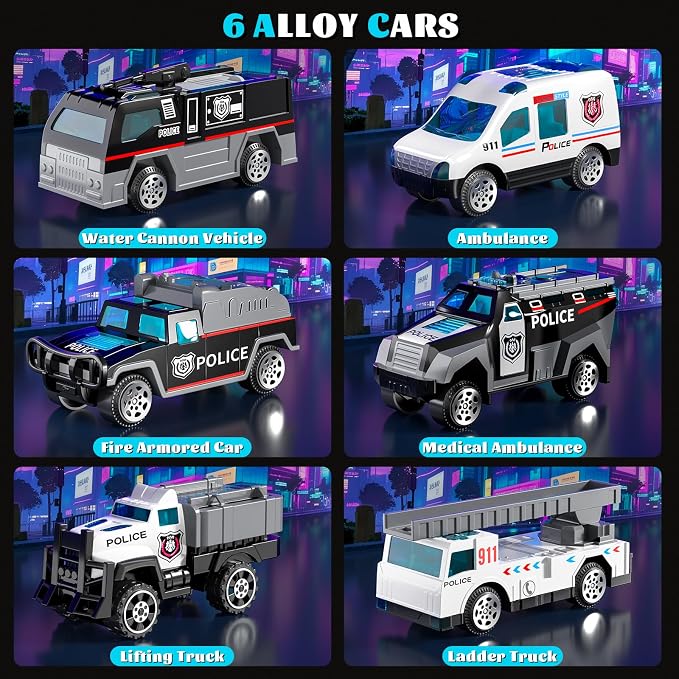 Toddler Boy Police Car Toy Set with Light & Sound,Die-Cast Toy Car,Play Mat | Police Car Toy Trucks for Boys Age 4-7,Birthday & Christmas Gift for Boys & Girl,Friction Powered Truck Toy for Kids Ages 4-8