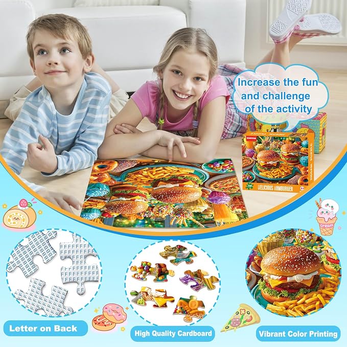 4 Packs 100 Piece Puzzles for Kids Ages 4-6, Jigsaw Puzzles for Kids Ages 6-8 8-10 Sea World, Owls, Hamburger, Starfish Learning Educational Toys for Boys and Girls