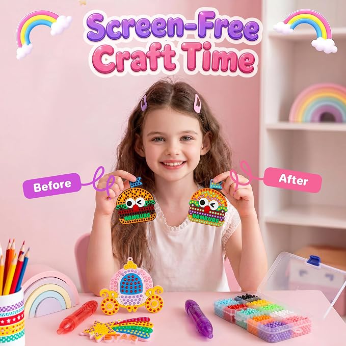 Kiditos DIY Bead Art Craft Kit with Magic Bead Pens for Kids Ages 3+ | Colorful Templates, Bead Chains, Stick-On Art, Backpack Charms & Creative Play