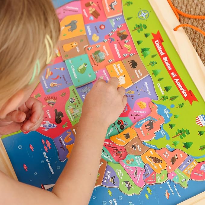 GRINNIE USA Map Puzzle for Toddlers 3 4 5 Years Old, Magnetic Wooden Jigsaw Learning Puzzle with Writing Board for Kids Age 4-6, Preschool Educational Toy Gift for Boys Girls Birthday Christmas