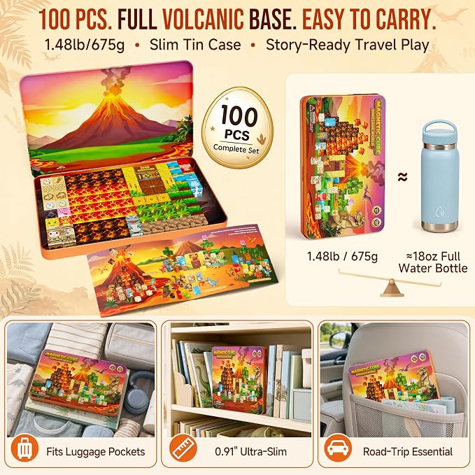 Dinosaur Magnetic Blocks Travel: 1.48lb 100PCS Volcano Tin Set | 7 Dinos 2 Explorers 60-Min Multi-Kid Story, N32 Quiet Road Trip Car Airplane Activities Toys for Kids Boys Girls Ages 3-8