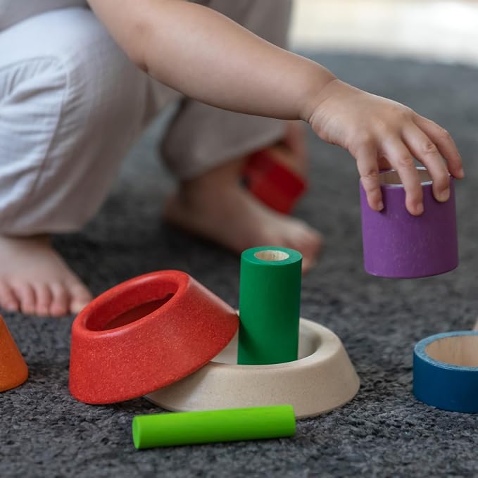 PlanToys® Cone Sorting Wooden Toy Set for Kids Ages 3+ Montessori Activity | cone sorting set, montessori colour size recognition, fine motor skill logic focus, ages 3+ educational wooden toy, preschool