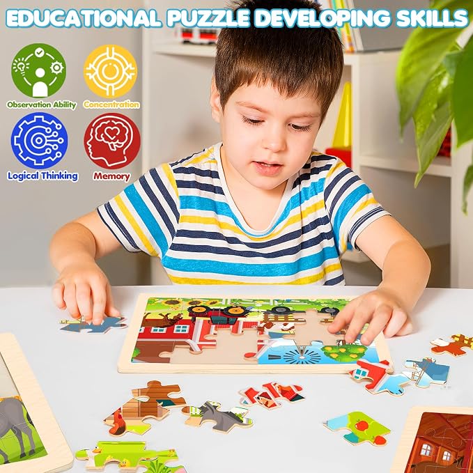 4-in-1 Farm Wooden Puzzles for Kids Ages 4-6, 24 PCS Wooden Jigsaw Puzzles for Toddlers Ages 3-5, Preschool Educational Puzzles Boards Toys Gifts for 3 4 5 6 Boys Girls