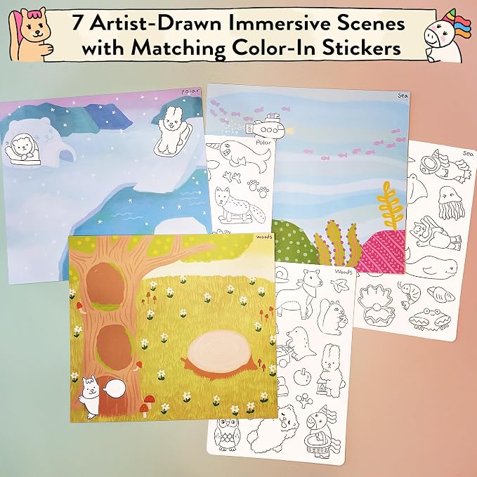 Animal World DIY Coloring Stickers for Kids - Arts and Crafts Kit, Color Your Own Sticker Set, Road Trip Travel Activity, Storytelling Craft Kits Birthday Gift for Girls, Boys Ages 3-10+