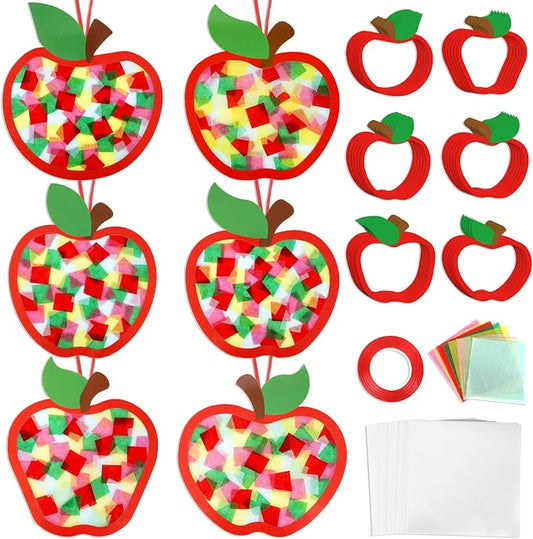 Qyeahkj 36 Set Fall Apple Suncatchers Crafts for DIY Autumn Apple Window Tissue Paper Craft Kit Hanging Decor for Back to Home Activity Art Project Birthday Party Favor Gift