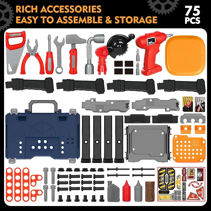 Kids Tool Bench with Electric Drill and Chair, Christmas Birthday Gift for Boys Girls Age 3,4,5+ Fun Play Kids Workbench, Transformable Toddler Tool Box Set, Construction Tool Toys for Toddler 3-5