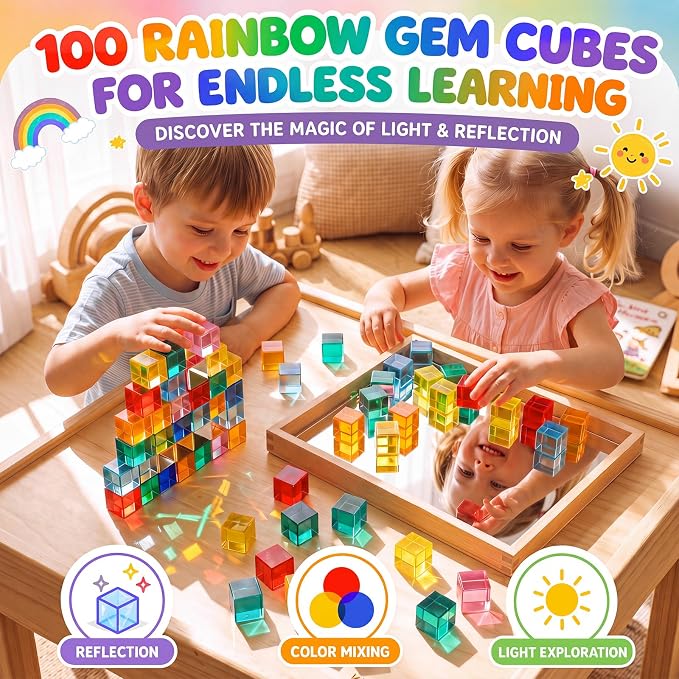 Meooeck 100 Pcs Rainbow Acrylic Gem Blocks Set with Wooden Mirror Tray, Translucent Stacking Gem Cubes for Kids 3-8, Montessori Educational Stem Sensory Light Learning Toy Gift Creative, School Supply