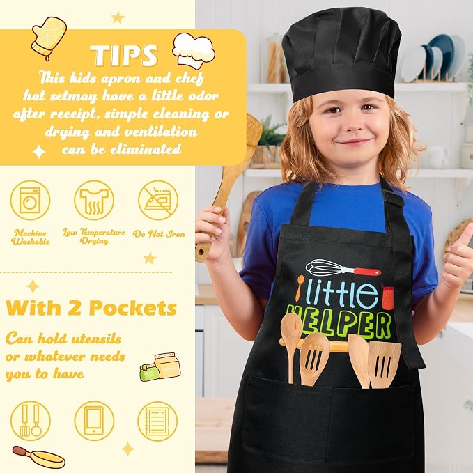 R HORSE 2 Pieces Kid Apron and Chef Hat Set, Dress up Role Play Chef Toy | Black Little Helper Adjustable Kid Kitchen Apron with Pockets, Ideal for Cooking, Baking, Painting, Cooking Birthday Gift