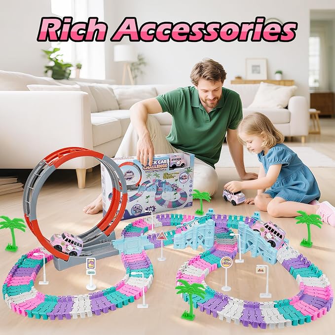Coroiesty 215 PCS Unicorn Race Tracks for Kids Toys with 360° Loop Ramp | Glow in The Dark Magic Toy Set, 1 Unicorn Car Track, Flexible DIY Track Set, Birthday Gift for 3-9 Year Old Boys Girls