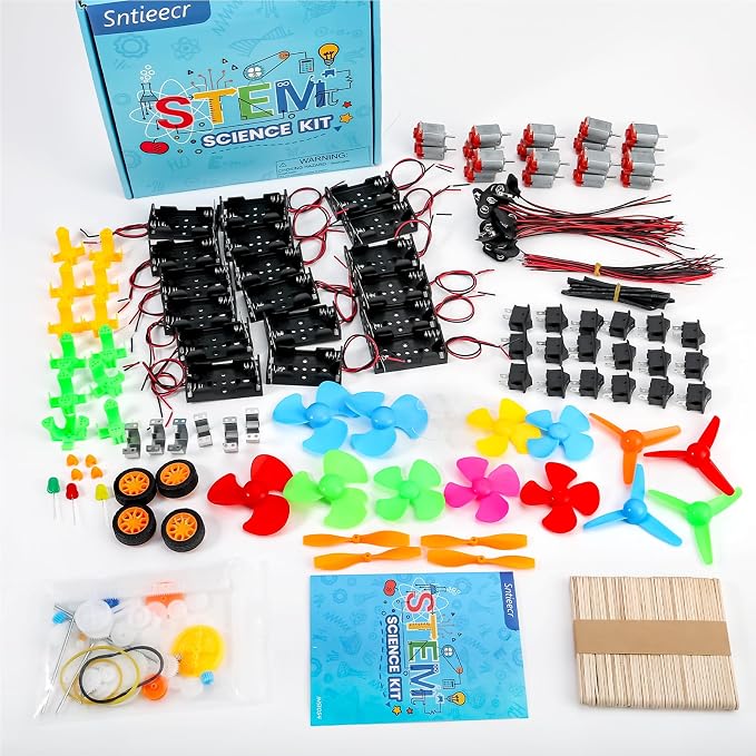 Sntieecr 276PCS DC Motor Kit, Mini Electric Circuit Kit | for DIY Science Projects with Motors, LED Light, Vanes Propeller, AA Battery Holder, Plastic Gears, Gift for Kids
