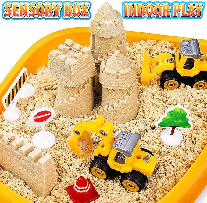 Construction Sensory Bin，Sand Kit Gift for boys girls, Sensory Play Toys | Sand Kit with Sensory Sand, Glow Stones, Excavator, Construction Toys for Creative Play Ages 3+