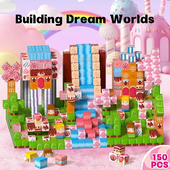 150 PCS Magnetic Building Blocks Toys,Magnet Cubes Pink Princess Set for Kids Age 3+ Girls Stacking Magnetic Titles for Kids STEM Montessori Learning Toys Birthday Gifts
