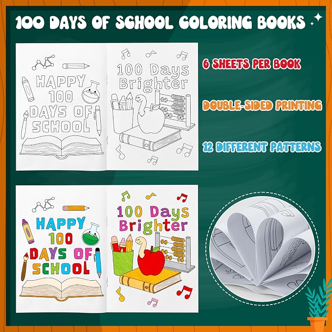Dvbonike 24Pcs 100 Days of School Coloring Books - Happy 100th Day of School DIY Color-in Pages Cute Pencil Apple Patterns Drawing Booklet Classroom Rewards Art Activity Gifts Party Favors Supplies