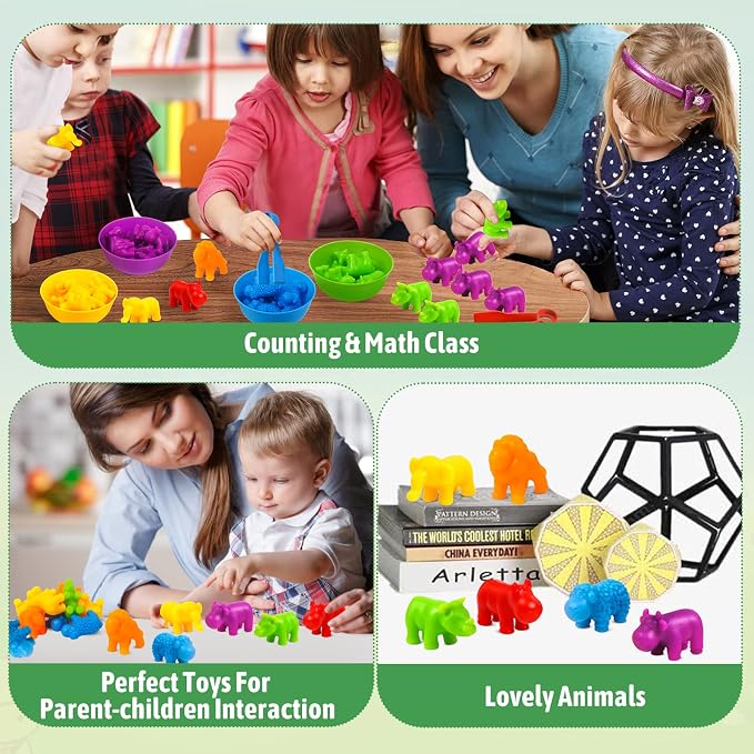 RAEQKS Counting Sorting Toys Matching Stacking Toys with Bowls Preschool Learning Activities Educational Sensory Game Montessori STEM Toy Daycare Sets Animals Gifts for Kids Boys Girls