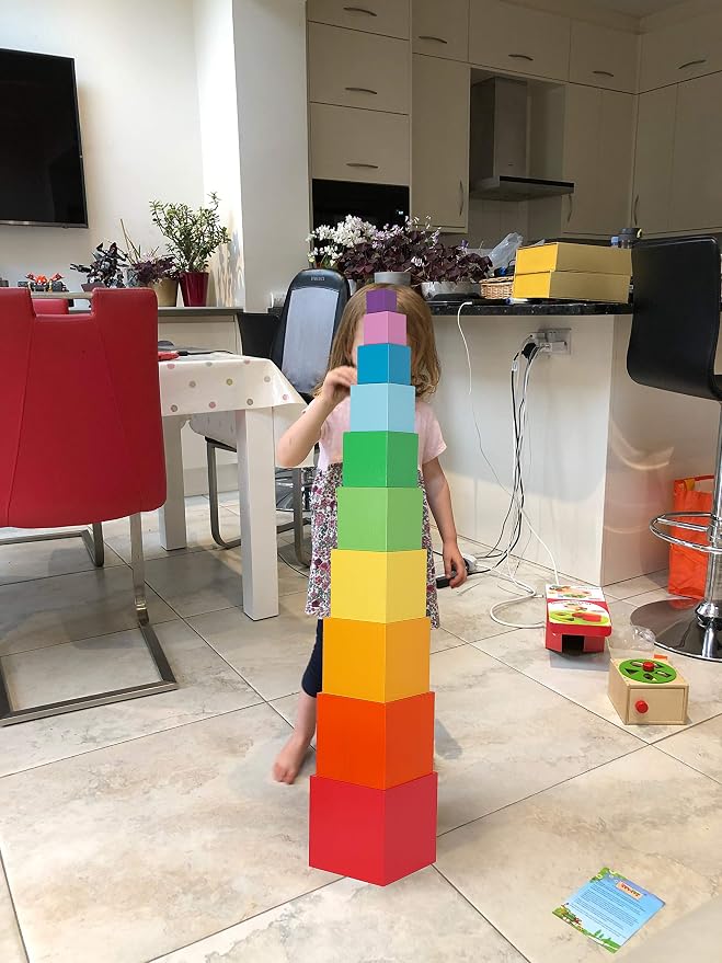 TOWO Wooden Stacking Boxes, Rainbow Nesting Sorting Cups for Toddlers | Rainbow wooden stacking cubes support color sorting, nesting and early learning; Montessori toy for toddlers age 2+