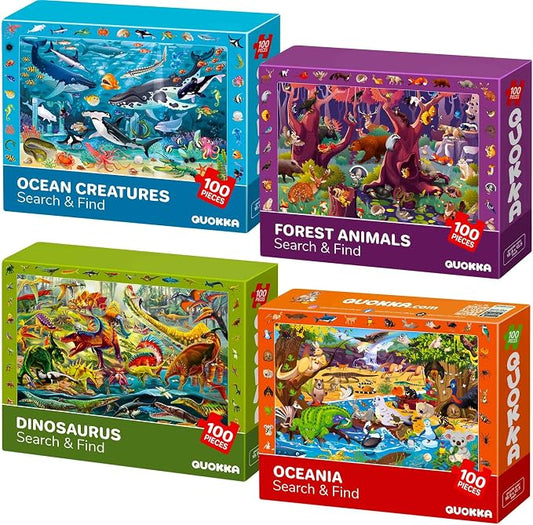 100 Piece Puzzles for Kids Ages 6-8 - 4 Jigsaw Kids Puzzles Ages 4-6 | Search and Find Educational Puzzles for Kids Ages 8-10 with Animals and Dinosaurs - Learning Kids Puzzles Ages 5-8
