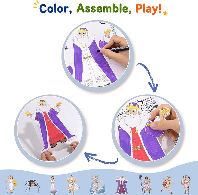 Greek Myths DIY Craft Kit for Kids Ages 5–10, Articulated Paper Puppets to Color, Build & Play, Bring Ancient Legends to Life, Fun Educational Gift (Daytime Adventure)