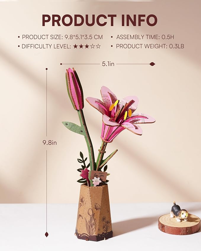 Rowood Wooden Flower Kit,DIY Artifical Flower Building Set Craft Kit for Adults,Mother's Day/Valentine's Day for Mom/Women/Grandma-Pink Lily