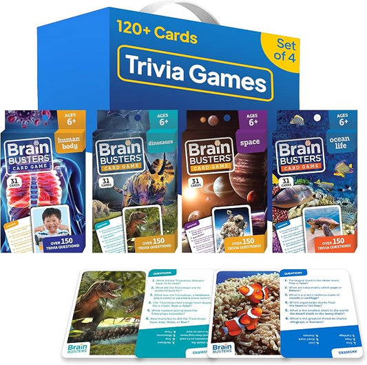Brain Busters Card Game for Kids, Family Trivia Game Bundle with 120 Flash Cards - Learn and Play with Multiple Choice Trivia Cards About Human Body, Ocean Life, Dinosaurs and Space (Ages 6+)