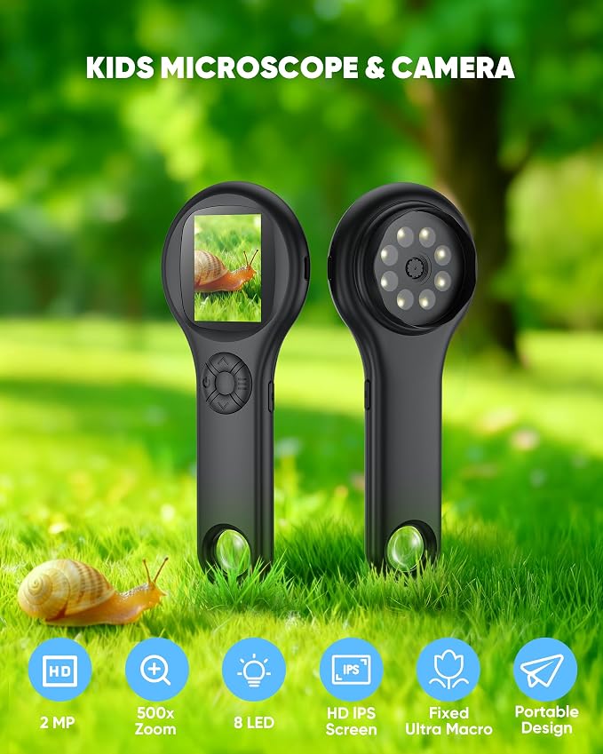 Microscope for Kids - Mini Pocket Digital Kids Microscope, Portable Handheld USB 500X Magnifying Glass, 4X Zoom, Christmas Birthday Gifts for Boys Girls Aged 3-12