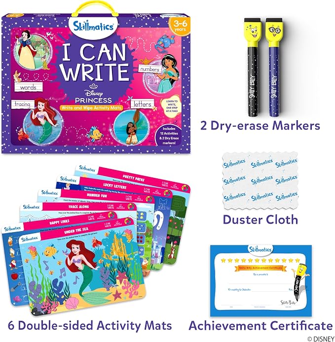 Skillmatics I Can Write – Disney Princess, Preschool Learning Activity Toy | Reusable Educational Write and Wipe Mats, Handwriting Aids, Screen-Free, Gift for Toddlers & Preschoolers Ages 3, 4, 5, 6