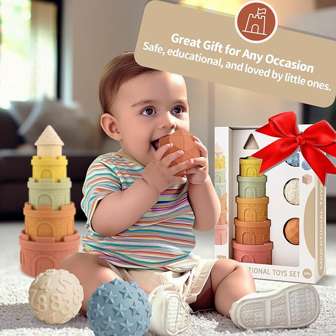 Baby Stacking Cups & Sensory Ball Set, Sensory Toys for Babies | 5 Colored Castle Cups, 3 Textured Balls, Soft Castle Nesting Blocks, Teether, Bath & Travel Play, Gifts for Toddlers 1-3