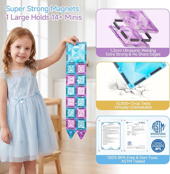 burgkidz Magnetic Tiles Travel Mix: Castle Gift for Girls 3-8 Portable | 42pcs mix sizes, ice-purple, storage tin base, 595g, BPA-free, ASTM safe, strong magnets, screen-free travel for girls 3-8