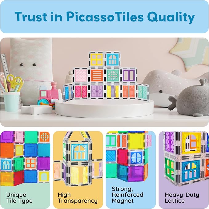 PicassoTiles Window and Door Clip On Magnetic Blocks Magnet Tiles Magnets Building Tile Construction Toy Set STEM Education Toys Learning Kit Stacking Block Playset Boys & Girls Age 3+ PT30
