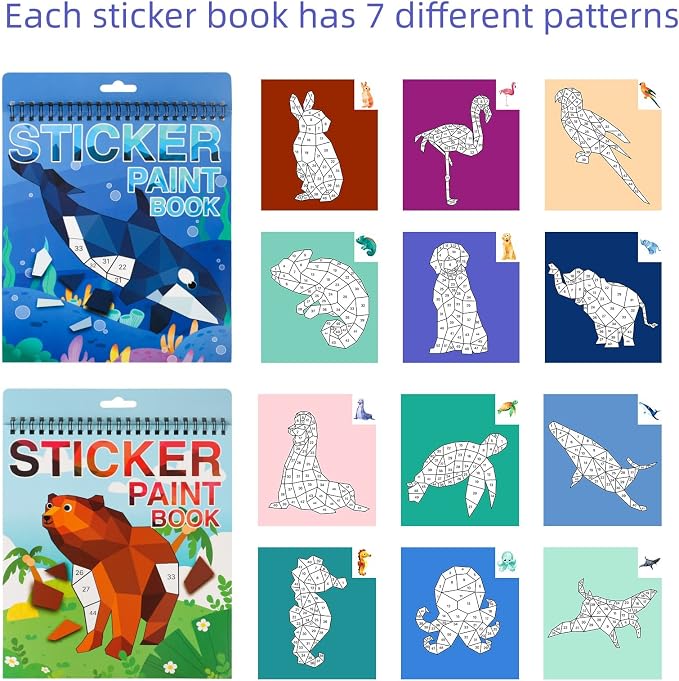 TPQKA 2PCS Crafts for Kids Ages 4-8,8-10 Sticker Paint Number Books Sticker Books for Kids Animal and Ocean Stickers for Birthday Easter Party Favor Road Plane Car Travel Activity (Ocean+Animal)