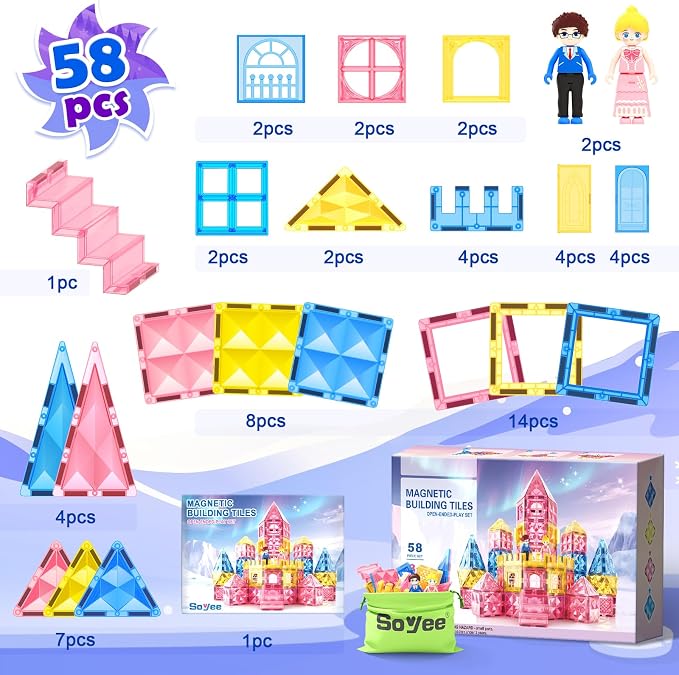 Diamond Magnetic Tiles Princess Castle Building Girls Toys ages 3-12 Games | Magnet Building Blocks STEM Montessori Learning Toys Girls Gift Xmas Birthday Present 3-5 4-8 9-12 Year Old Kids