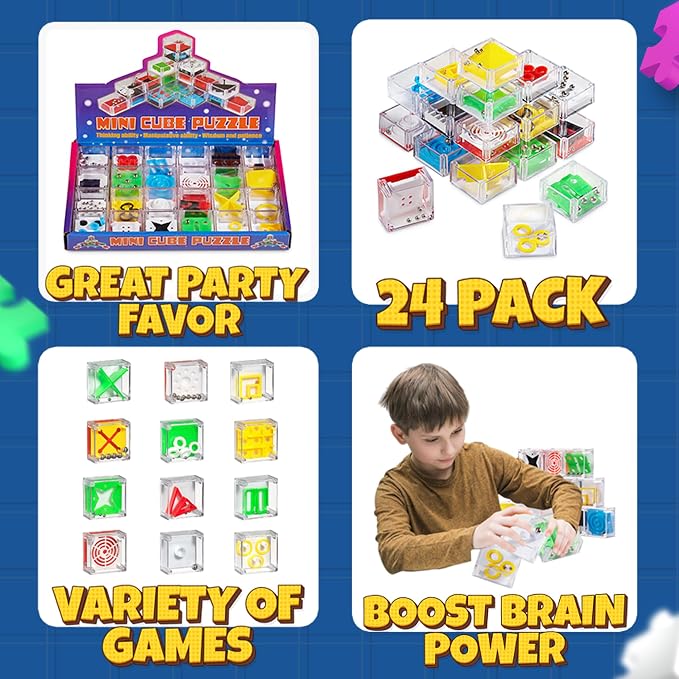 Mini Cube Puzzle Games (24-Pack) 3D Brain Teaser Maze Ball Party Favors | 1.5-In IQ Balance Puzzle Boxes for Kids, Teens & Adults, Mini Games, Goodie Bags, Stocking Stuffers & Carnival Prizes